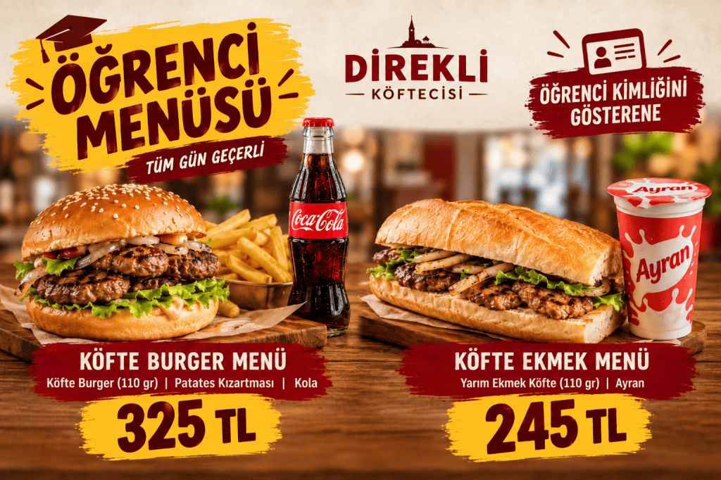 Direkli Köftecisi Öğrenci Menüsü – Köfte Burger Menü ve Köfte Ekmek Menü
